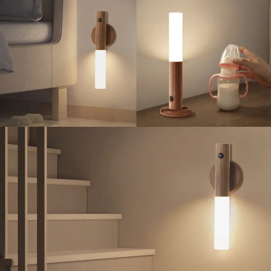 Rechargeable Human Body Induction Night Light Magnetic Motion Sensor Wood Wall Lamp Cabinet Light for Kitchen Stairs Wardrobe