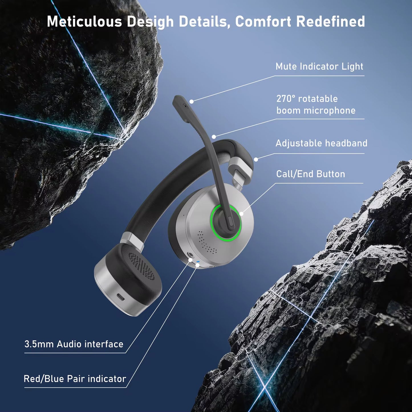 Trådlöst headset – Bluetooth 5.3, ENC, kompatibelt med PC och mobil