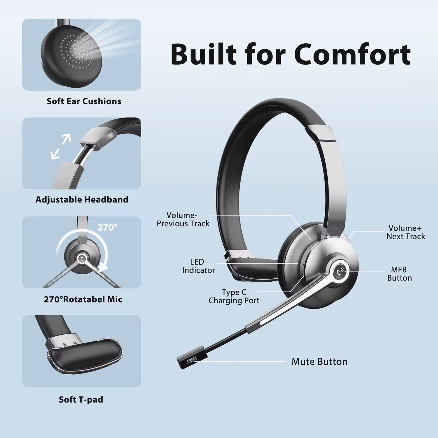 Trådlöst Bluetooth-headset – ENC, 26 timmars batteritid, för PC och mobil