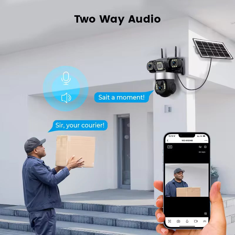 Solcellsdriven Övervakningskamera 6MP – PTZ kamera med tre linser, färg-nattvision & rörelsedetektering