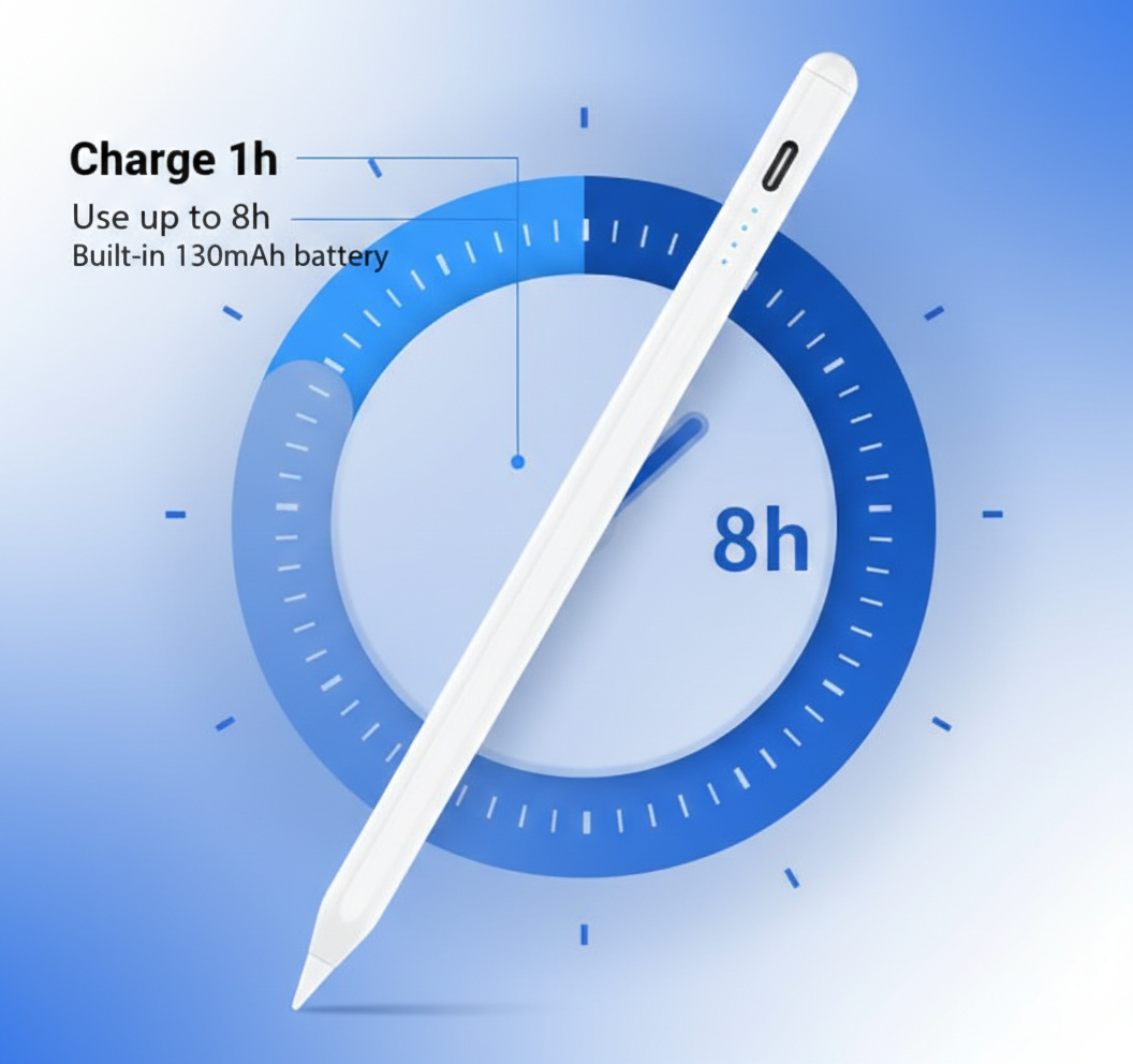 Styluspenna för iPad med Palm Rejection, Lutningskänslighet & Batteridisplay – Vit