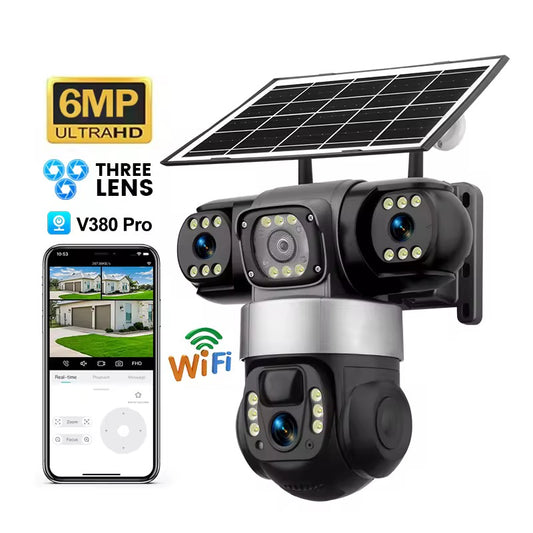 Solcellsdriven Övervakningskamera 6MP – PTZ kamera med tre linser, färg-nattvision & rörelsedetektering