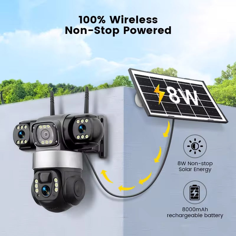 Solcellsdriven Övervakningskamera 6MP – PTZ kamera med tre linser, färg-nattvision & rörelsedetektering