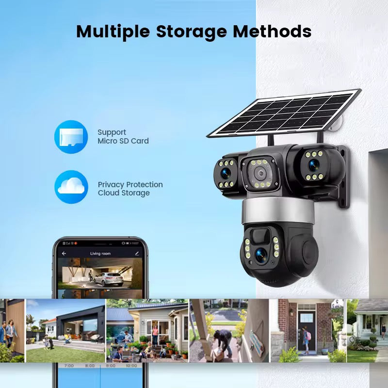 Solcellsdriven Övervakningskamera 6MP – PTZ kamera med tre linser, färg-nattvision & rörelsedetektering