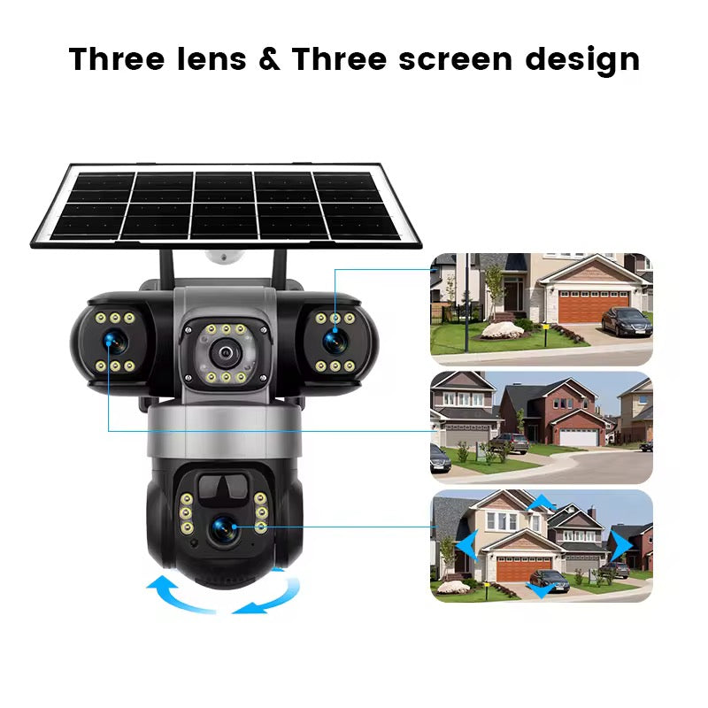Solcellsdriven Övervakningskamera 6MP – PTZ kamera med tre linser, färg-nattvision & rörelsedetektering
