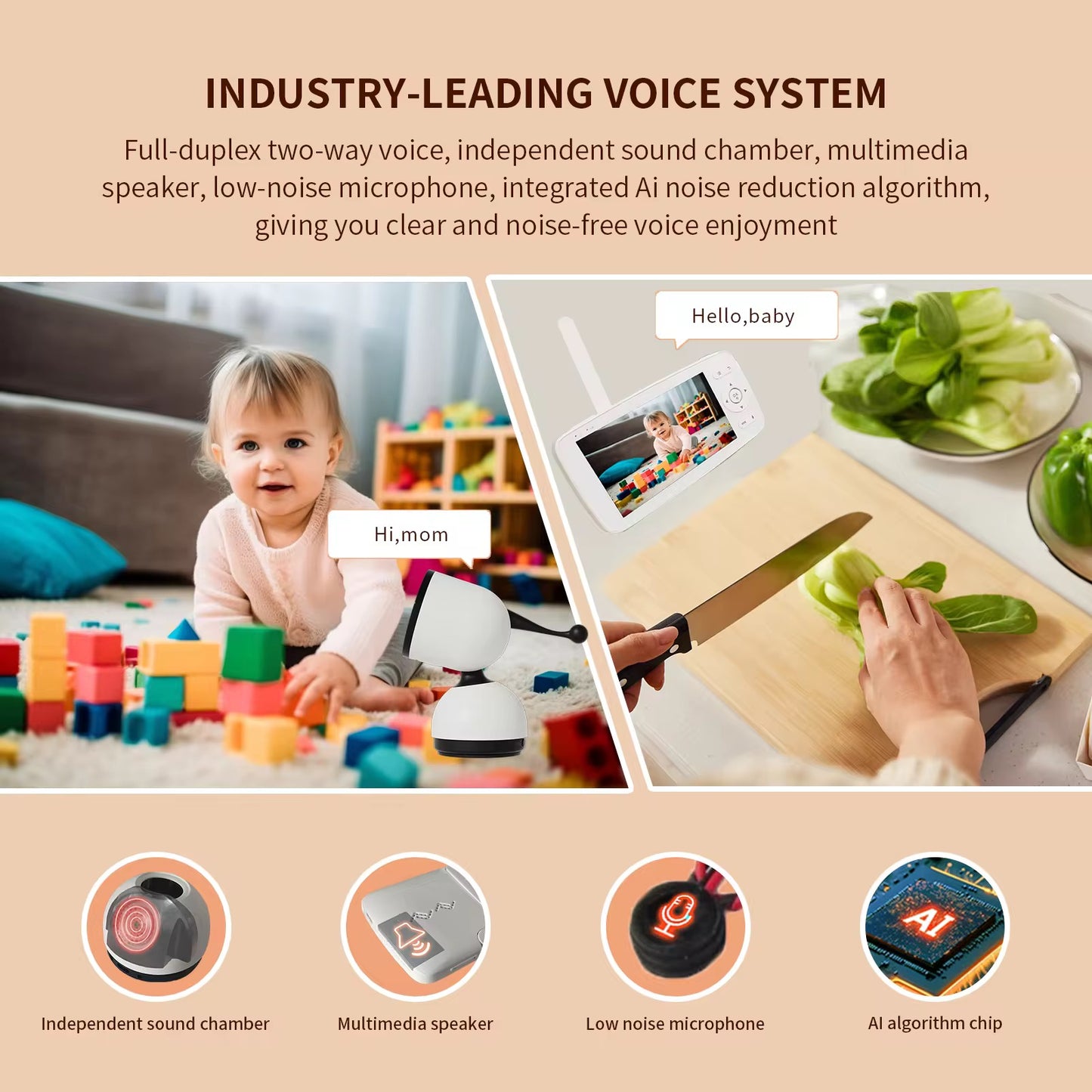 Babyvakt med Kamera & Monitor – HD-skärm, AI Gråtdetektering, Tvåvägsljud & Osynlig Nattvision